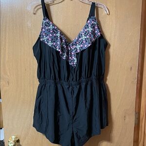 Cacique Black One-Piece Swim Romper with Pink & Blue Floral Trim